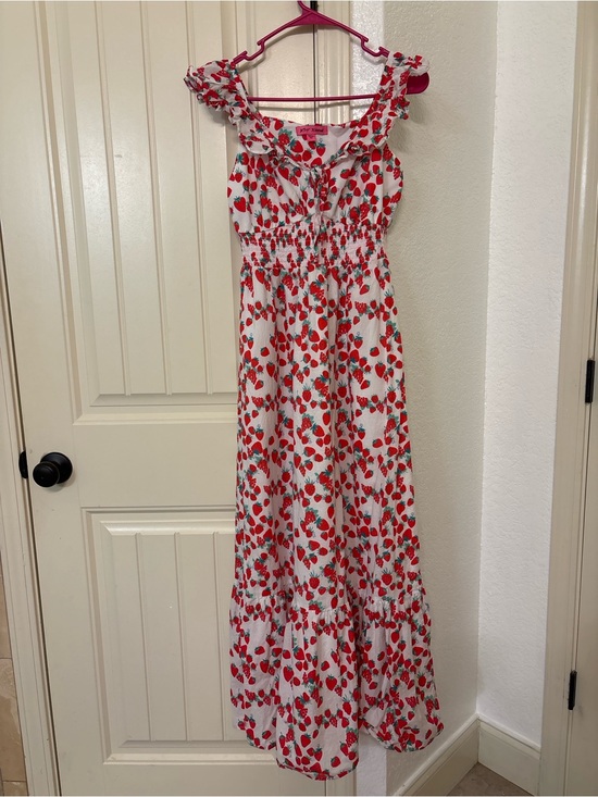 Betsey Johnson Dresses & Skirts - Betsy Johnson Strawberry Print Maxi Dress XS Cottagecore Ruffle Smocked